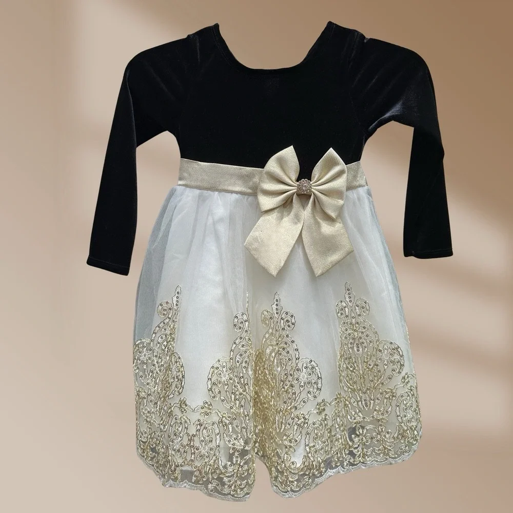 Rare Editions Girls Sz 5 Black Velvet & Ivory Lace Gold Beaded Sequined Dress